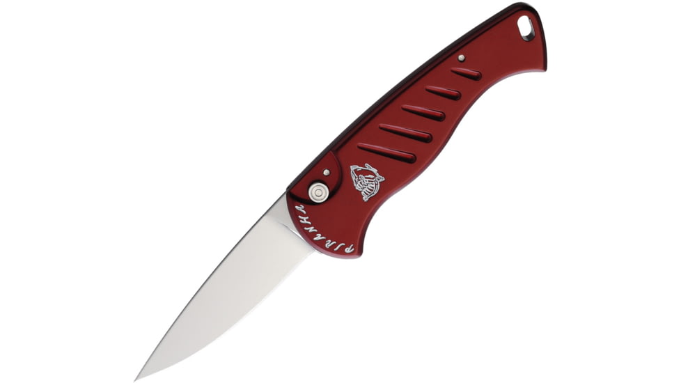 Piranha Knives Auto Fingerling Automatic Folding Knife, 2.5in, 154CM, Plain Blade, Mirror Finish, Red Aluminum Handle, P-2R