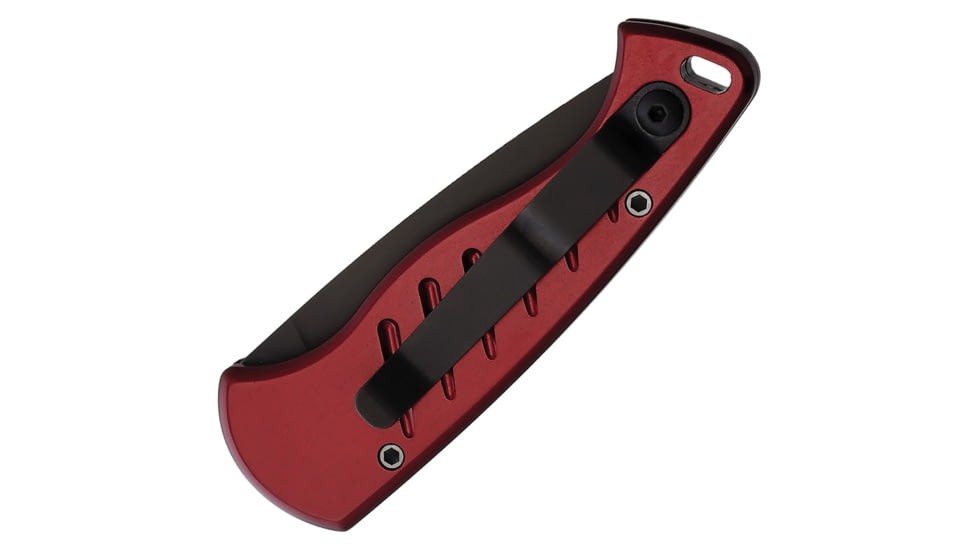 Piranha Knives Auto Fingerling Automatic Folding Knife, 2.5in, 154CM, Plain Blade, Black Oxide, Red Aluminum Handle, P-2RT
