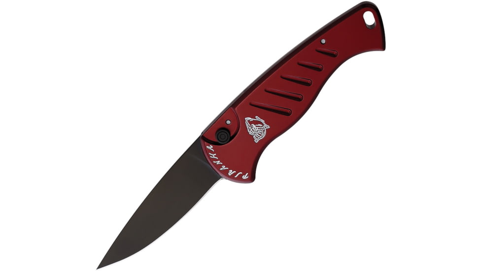 Piranha Knives Auto Fingerling Automatic Folding Knife, 2.5in, 154CM, Plain Blade, Black Oxide, Red Aluminum Handle, P-2RT