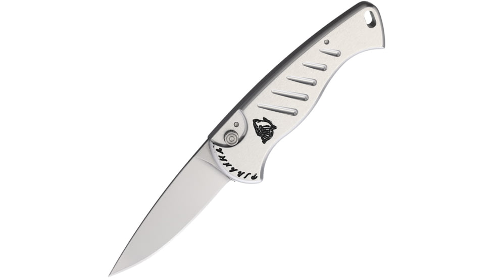 Piranha Knives Auto Fingerling Automatic Folding Knife, 2.5in, 154CM, Plain Blade, Mirror Finish, Silver Anodized Aluminum Handle, P-2S