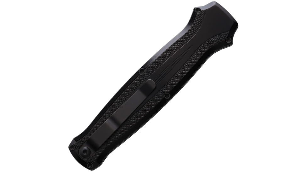 Piranha Knives Auto Rated-R OTF Automatic Folding Knife, 3.5in, 154CM Clip Point Blade, Partially Serrated, Black Oxide, Black Aluminum Handle, P-19BKTS