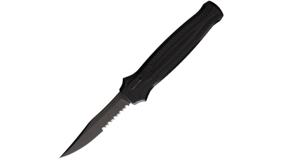 Piranha Knives Auto Rated-R OTF Automatic Folding Knife, 3.5in, 154CM Clip Point Blade, Partially Serrated, Black Oxide, Black Aluminum Handle, P-19BKTS
