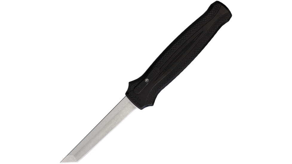 Piranha Knives Auto Rated-R OTF Automatic Folding Knife, 3.5in, 154CM, Tanto Blade, Stonewash Finish, Black Aluminum Handle, P-19TBK