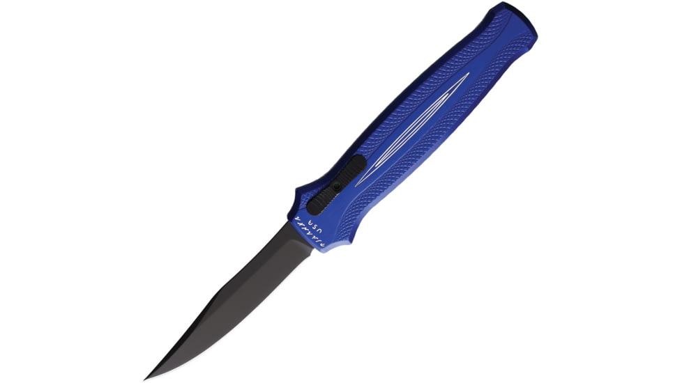 Piranha Knives Auto Rated-R OTF Automatic Folding Knife, 3.5in, 154CM, Clip Point Blade, Black Oxide, Blue Aluminum Handle, P-19BT