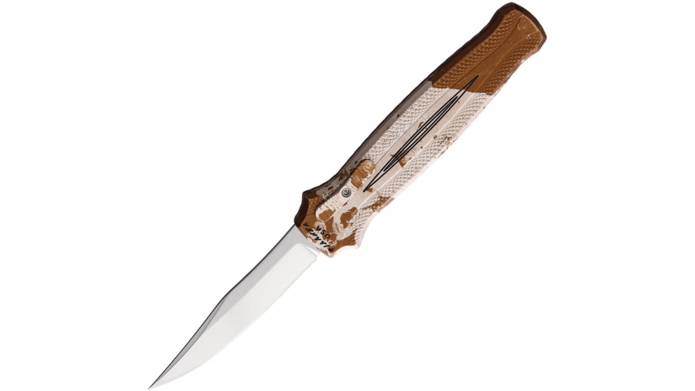 Piranha Knives Auto Rated-R OTF Automatic Folding Knife, 3.5in, 154CM, Clip Point Blade, Mirror Finish, Camo Aluminum Handle, P-19C