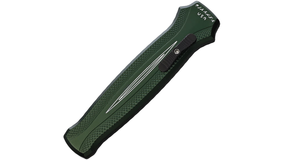 Piranha Knives Auto Rated-R OTF Automatic Folding Knife, 3.5in, 154CM, Clip Point Blade, Mirror Finish, Green Aluminum Handle, P-19G