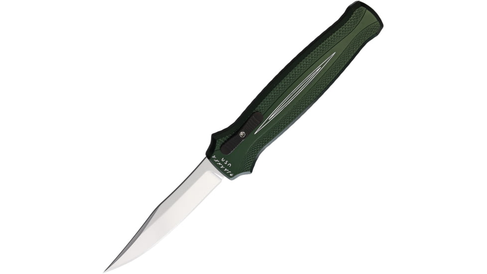 Piranha Knives Auto Rated-R OTF Automatic Folding Knife, 3.5in, 154CM, Clip Point Blade, Mirror Finish, Green Aluminum Handle, P-19G