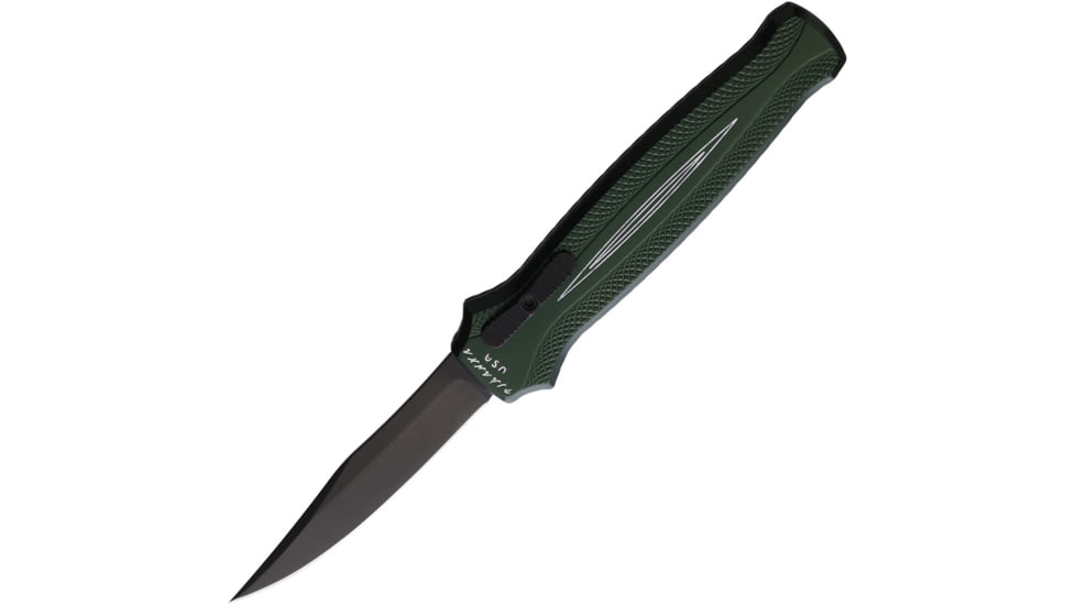 Piranha Knives Auto Rated-R OTF Automatic Folding Knife, 3.5in, 154CM, Clip Point Blade, Black DLC, Green Aluminum Handle, P-19GT