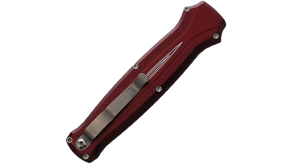 Piranha Knives Auto Rated-R OTF Automatic Folding Knife, 3.5in, 154CM, Clip Point Blade, Mirror Finish, Burgundy Aluminum Handle, P-19R