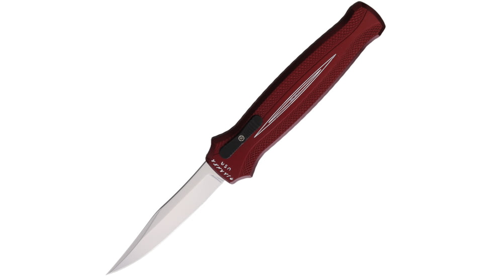 Piranha Knives Auto Rated-R OTF Automatic Folding Knife, 3.5in, 154CM, Clip Point Blade, Mirror Finish, Burgundy Aluminum Handle, P-19R