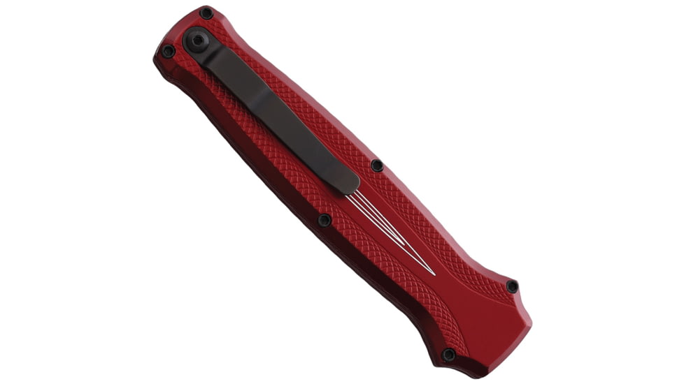 Piranha Knives Auto Rated-R OTF Automatic Folding Knife, 3.5in, 154CM, Clip Point Blade, Black DLC, Red Aluminum Handle, P-19RT