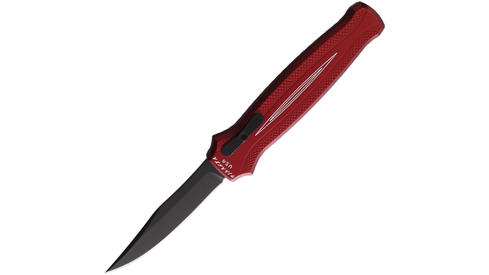 Piranha Knives Auto Rated-R OTF Automatic Folding Knife, 3.5in, 154CM, Clip Point Blade, Black DLC, Red Aluminum Handle, P-19RT