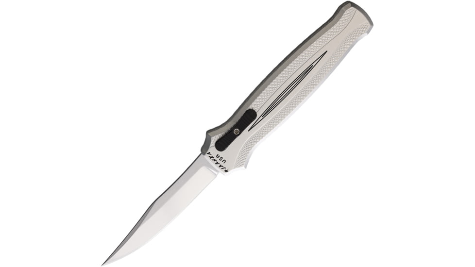 Piranha Knives Auto Rated-R OTF Automatic Folding Knife, 3.5in, 154CM, Clip Point Blade, Mirror Finish, Silver Aluminum Handle, P-19S