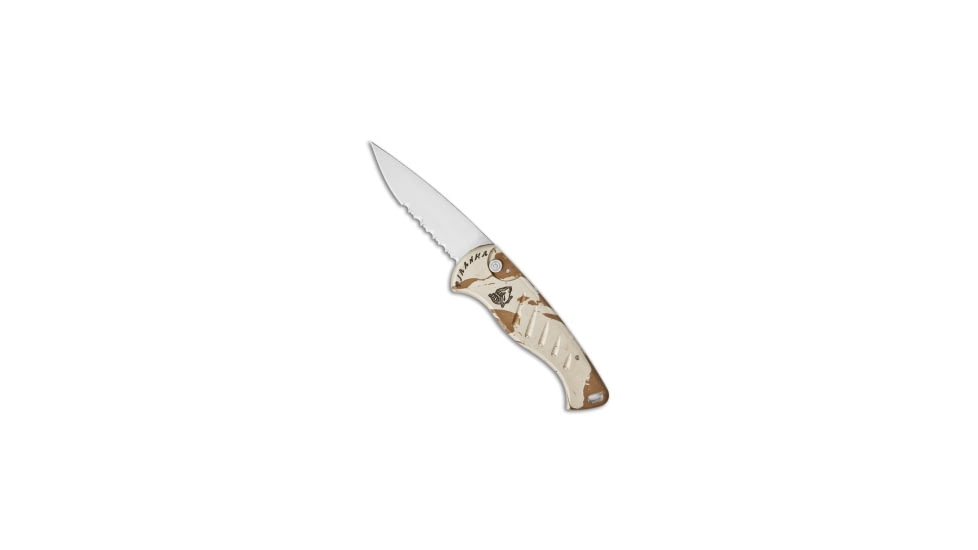 Piranha Piranha Fingerling Desert Camo Automatic Knife 2.5" Mirror Serr, Camo/Tan, 154CM, adult, BHQ-17013