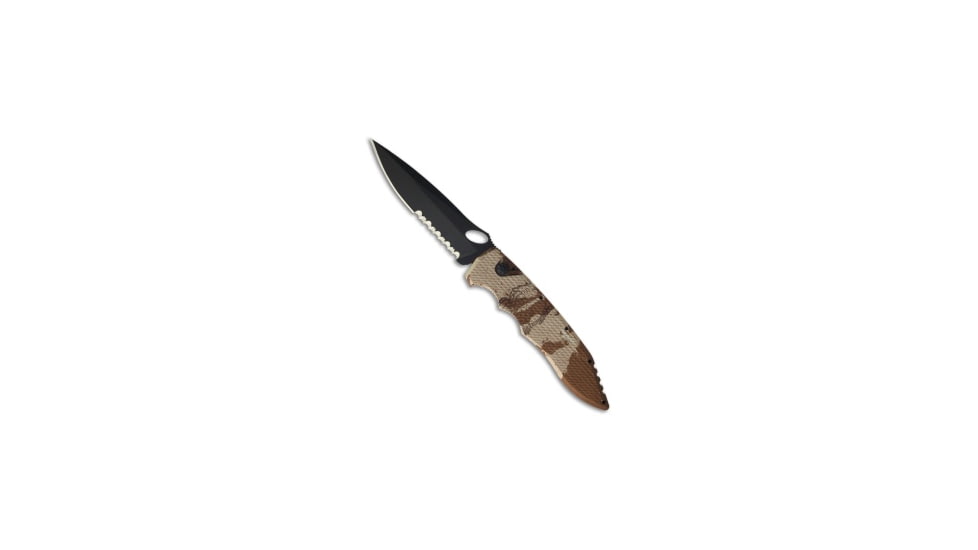 Piranha Piranha Mini Predator Desert Camo Tactical Automatic Knife 3.5" Black Serr, Tan, CPM S30V, adult, BHQ-14253