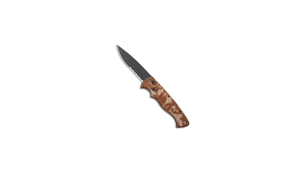 Piranha Piranha P-1 Automatic Pocket Knife Desert Camo Aluminum 3.2" Black Serr, Camo/Tan, 154CM, adult, BHQ-12942