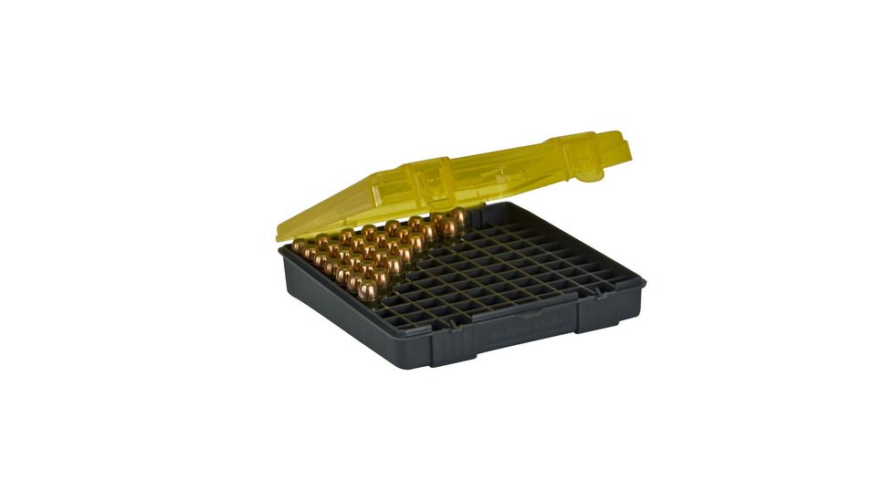 Plano Handgun Ammo Case with Hinged Cover, .43 ACP, 100 Count, Dark Gray/Transparent Amber, PMC122700