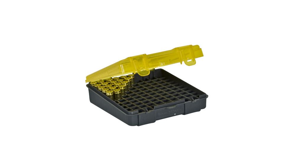 Plano Handgun Ammo Case with Hinged Cover, 9mm, 100 count, Dark Gray/Transparent Amber, PMC122400