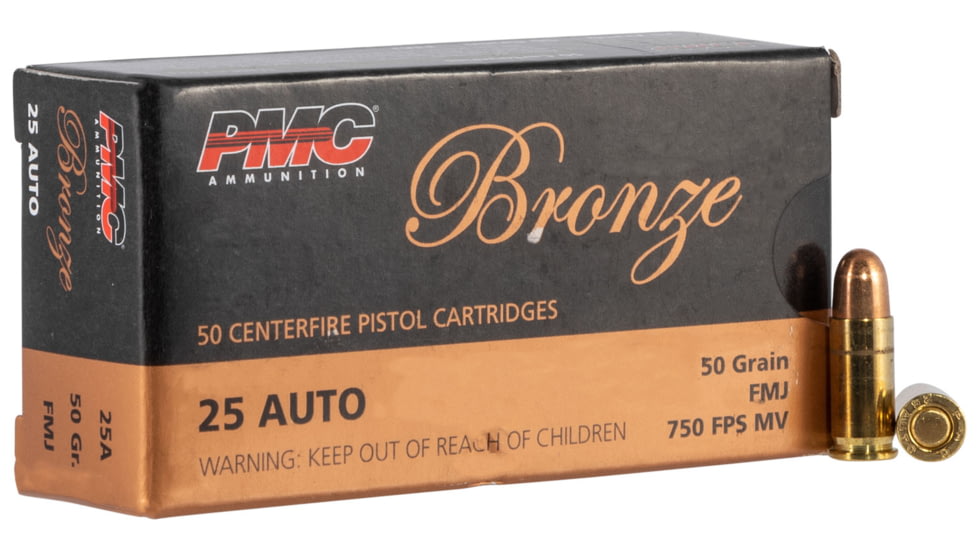 PMC Ammunition Bronze .25 ACP 50 Grain Full Metal Jacket Brass Cased Pistol Ammo, 50 Rounds, 25A