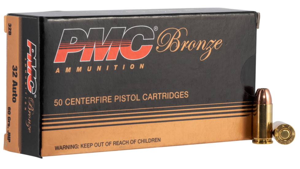 PMC Ammunition Bronze .32 ACP 60 Grain Jacketed Hollow Point Brass Cased Pistol Ammo, 50 Rounds, 32B