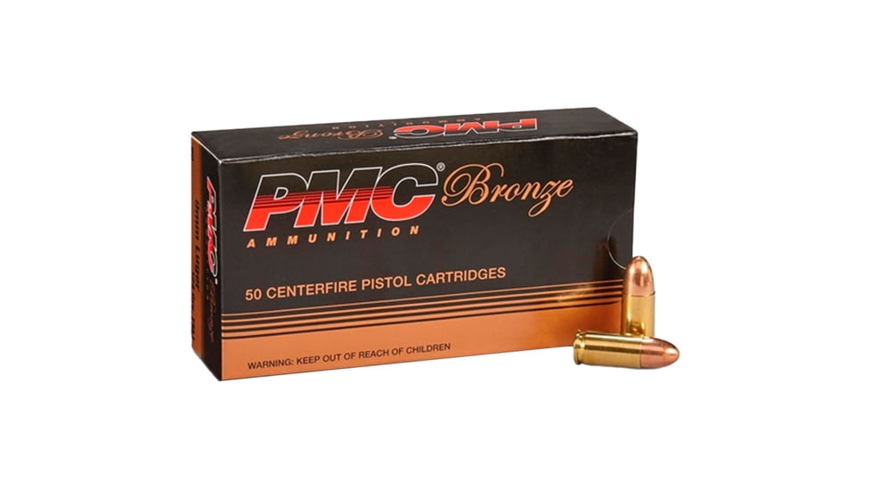 PMC Ammunition PMC Bronze 9mm Luger 147 Grain Full Metal Jacket Brass Cased Pistol Ammo, 50 Rounds, Brass, 9H