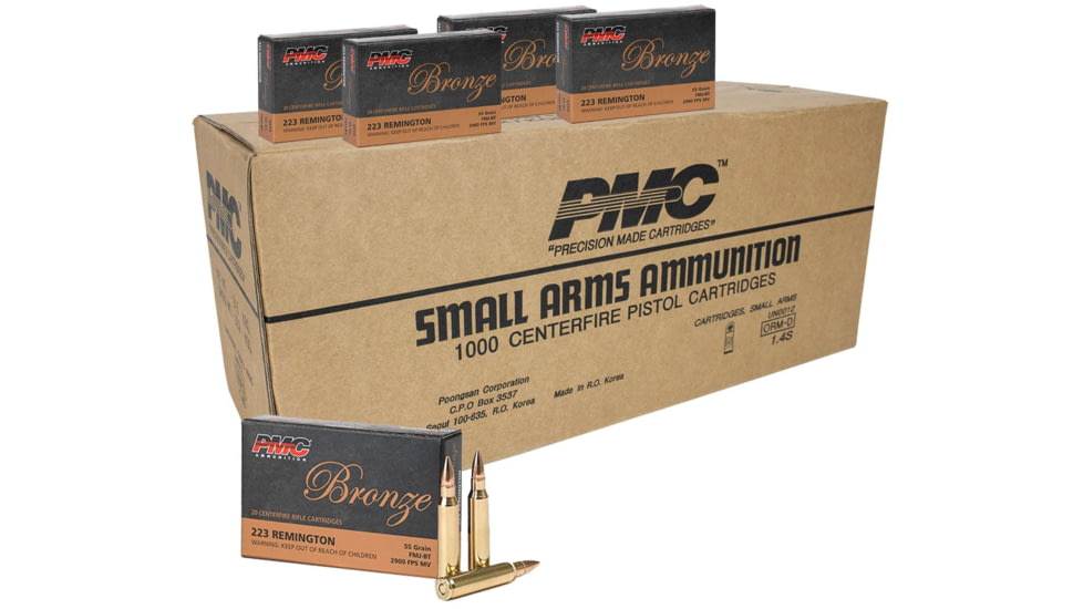 PMC Ammunition Bronze Rifle Ammo .223 Rem 55 gr FMJ 2900 fps 1000/ct, 223A Case