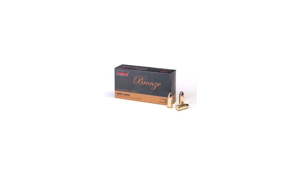PMC Ammunition Bronze, 9mm Luger, 115 Grain, FMJ, Brass Case, Centerfire Pistol Ammo, 50 Rounds Box, 9A