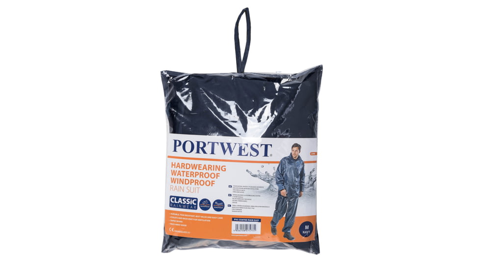 Portwest PVC Coated Rain Suit, 2 Piece, Navy, Large, L440NARL