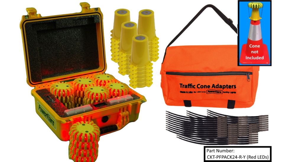 Powerflare 24-Position Cone Adapter Kit with 24-Pack Hard Case of PowerFlare Lights, Red/Blue LEDs, Tan Shell CKT-PFPACK24-RB-T