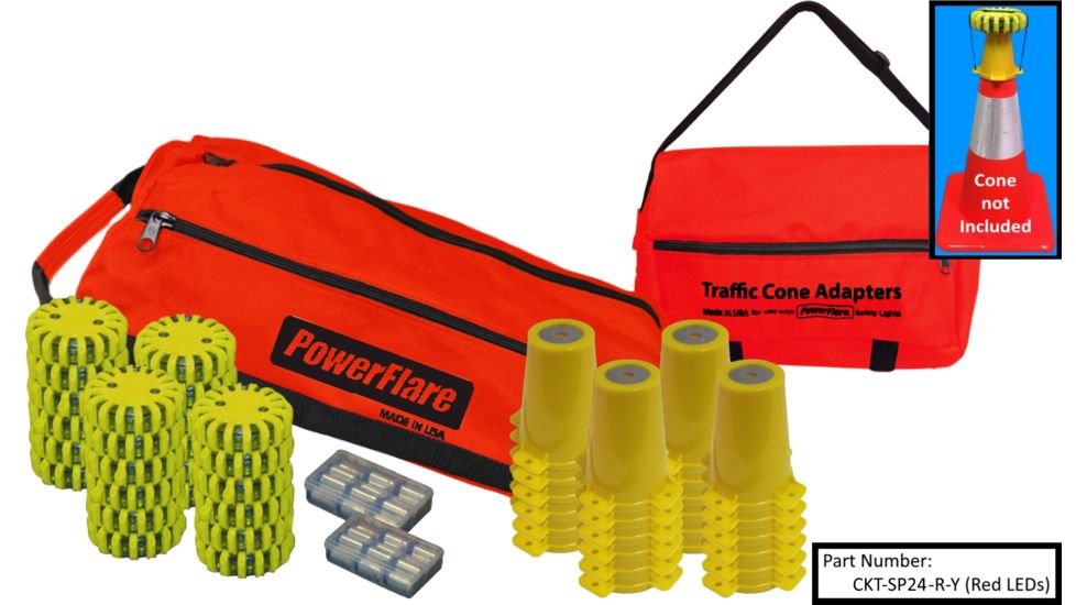 Powerflare 24-Position Cone Adapter Kit with 24-Pack Soft Pack of Magnetic PowerFlare Lights, Red/Blue LEDs, Tan Shell CKT-SP24M-RB-T