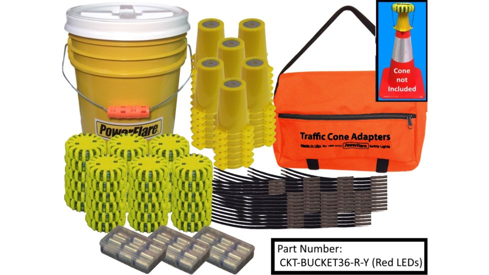 Powerflare 36-Position Cone Adapter Kit with 36-Pack Bucket of PowerFlare Lights, Red/Blue LEDs, Tan Shell CKT-BUCKET36-RB-T