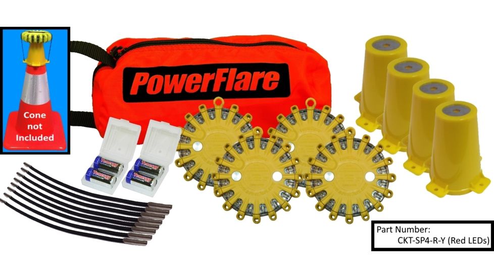 Powerflare 4-Position Cone Adapter Kit with 4-Pack Soft Pack of PowerFlare Lights, Red/Blue LEDs, Yellow Shell CKT-SP4-RB-Y