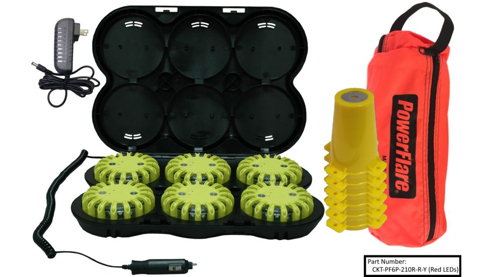 Powerflare 6-Position Cone Adapter Kit with Rechargeable 6-Pack of PowerFlare Lights, Red/Blue LEDs, Tan Shell CKT-PF6P-210R-RB-T