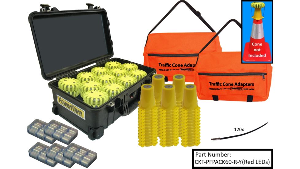 Powerflare 60-Position Cone Adapter Kit with 60-Pack Hard Case of PowerFlare Lights, Amber LEDs, Blue Shell CKT-PKPACK60-A-BL