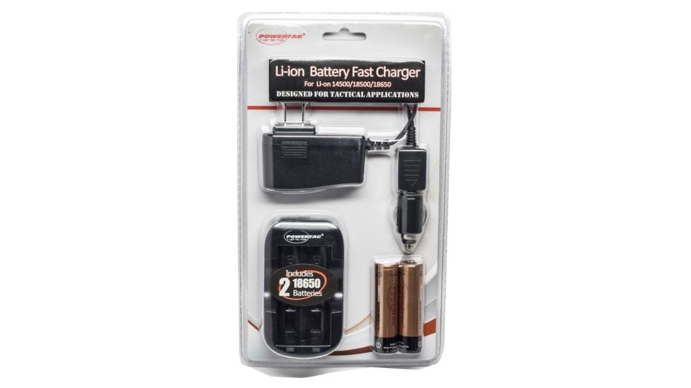 PowerTac 18650 Fast Charger with Batteries &amp; Car Adapter, Black, FAS-P