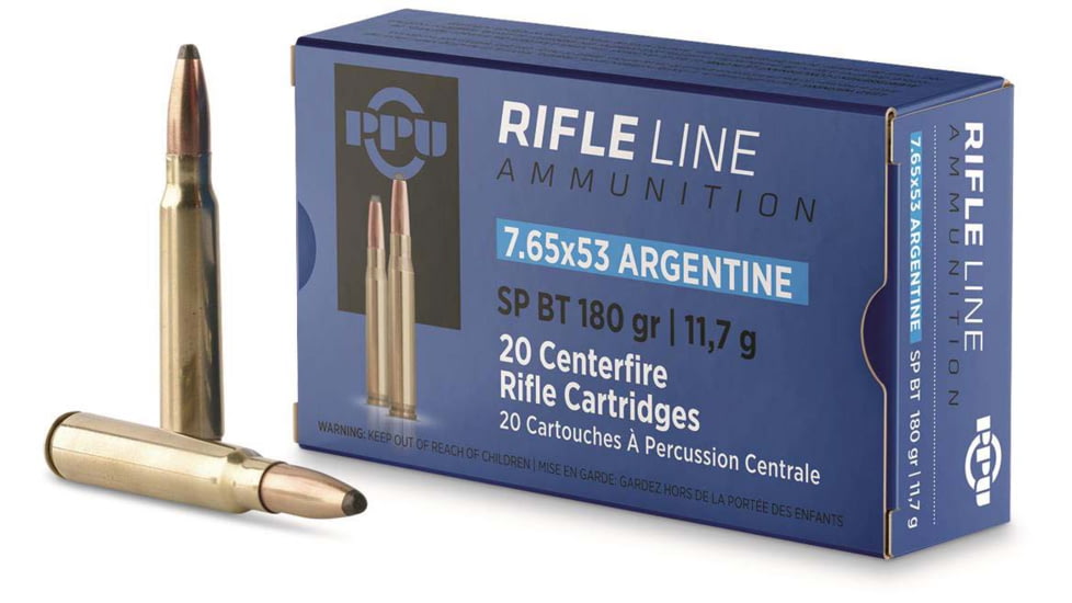 PPU 7.65x53 Argentine Mauser 180 Grain Soft Point Boat Tail Brass Cased Centerfire Rifle Ammo, 20 Rounds, PP7AS