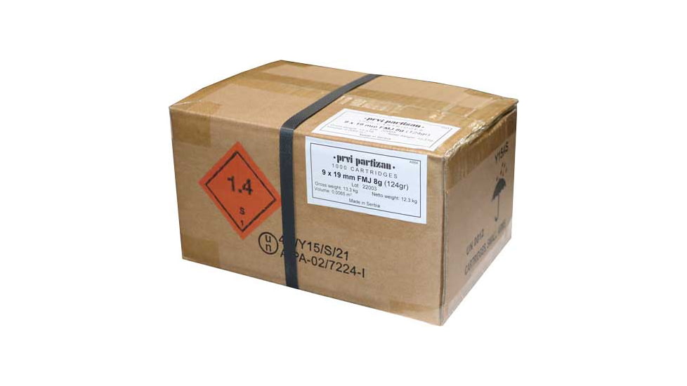 PPU 9mm Luger Case Lot 124 Grain Full Metal Jacket (FMJ) Brass Cased Centerfire Pistol Ammo, 1000 Rounds, 684