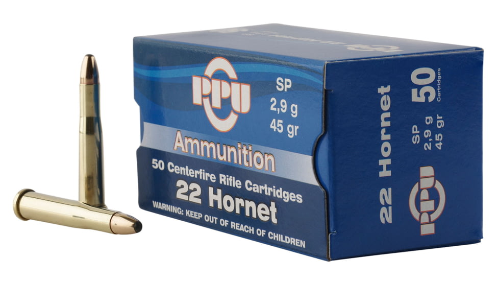 PPU Standard Rifle .22 Hornet 45 Grain Soft Point Brass Cased Rifle Ammo, 50 Rounds, PP22H
