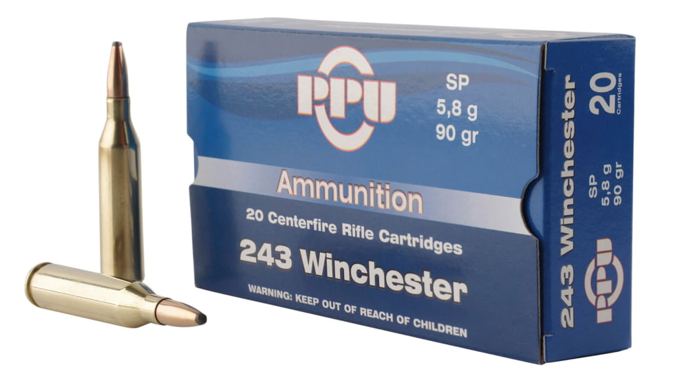 PPU Standard Rifle .243 Winchester 90 Grain Soft Point Brass Cased Rifle Ammo, 20 Rounds, PP2431