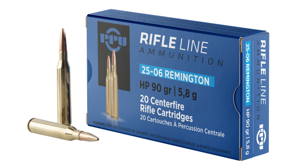 PPU Standard Rifle .25-06 Remington 90 Grain Hollow Point Brass Cased Rifle Ammo, 20 Rounds, PP2506H