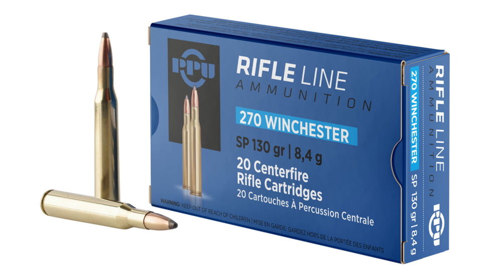 PPU Standard Rifle .270 Winchester 130 Grain Soft Point Brass Cased Rifle Ammo, 20 Rounds, PP2701
