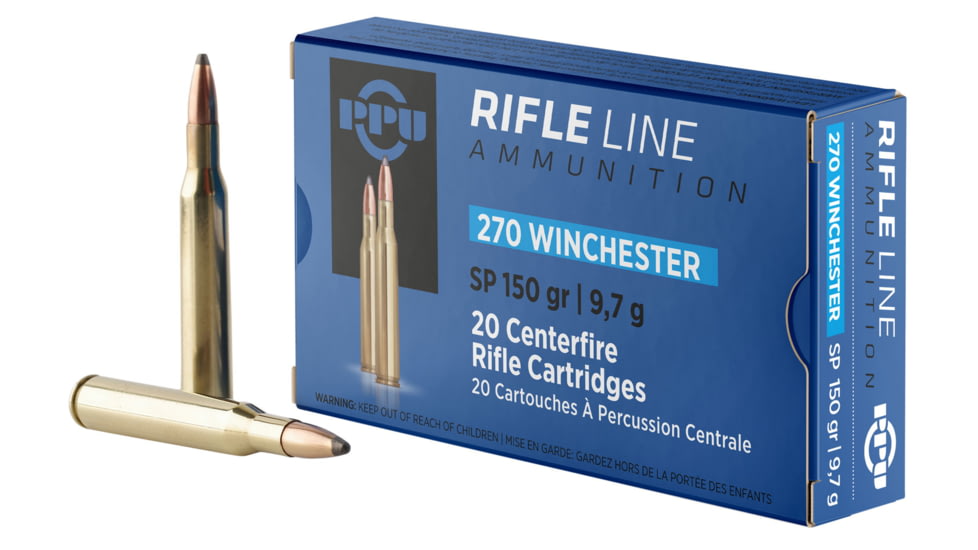 PPU Standard Rifle .270 Winchester 150 Grain Soft Point Brass Cased Rifle Ammo, 20 Rounds, PP2702