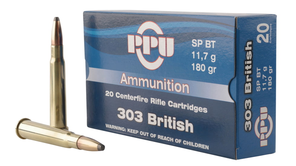 PPU Standard Rifle .303 British 180 Grain Soft Point Brass Cased Rifle Ammo, 20 Rounds, PP303S2