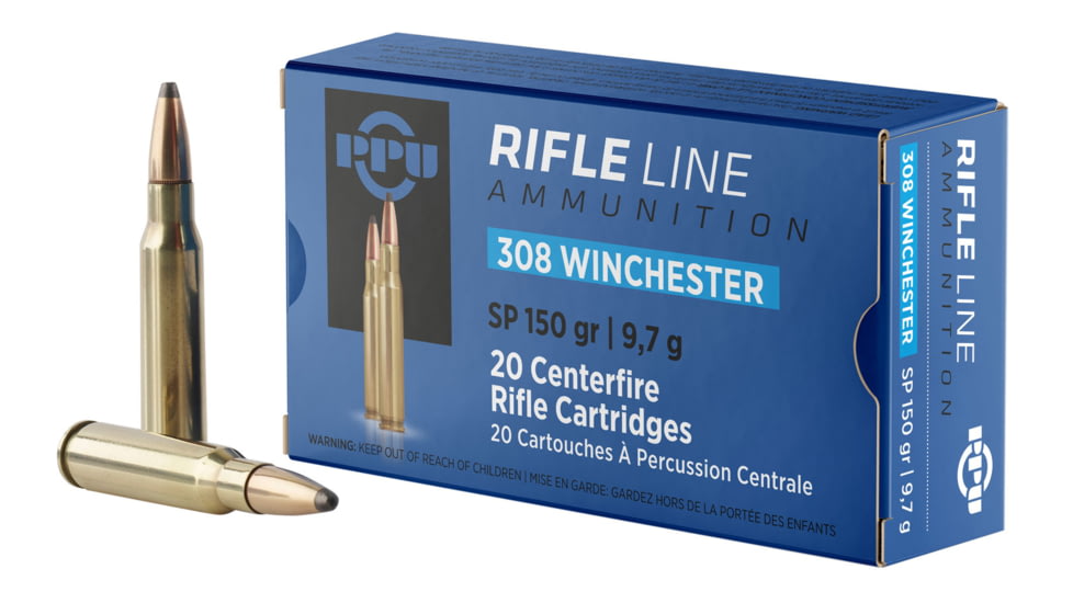 PPU Standard Rifle .308 Winchester 150 Grain Soft Point Brass Cased Rifle Ammo, 20 Rounds, PP3081