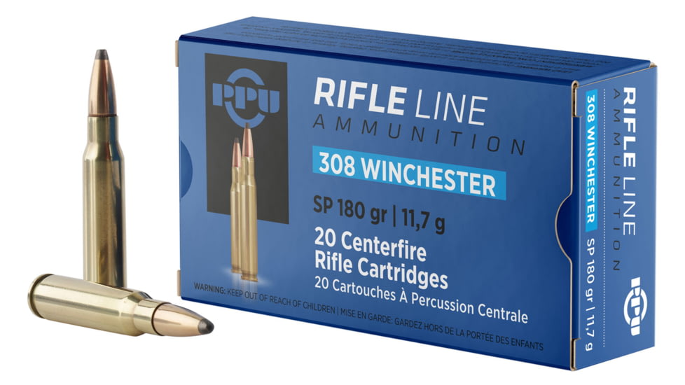 PPU Standard Rifle .308 Winchester 180 Grain Soft Point Brass Cased Rifle Ammo, 20 Rounds, PP3083