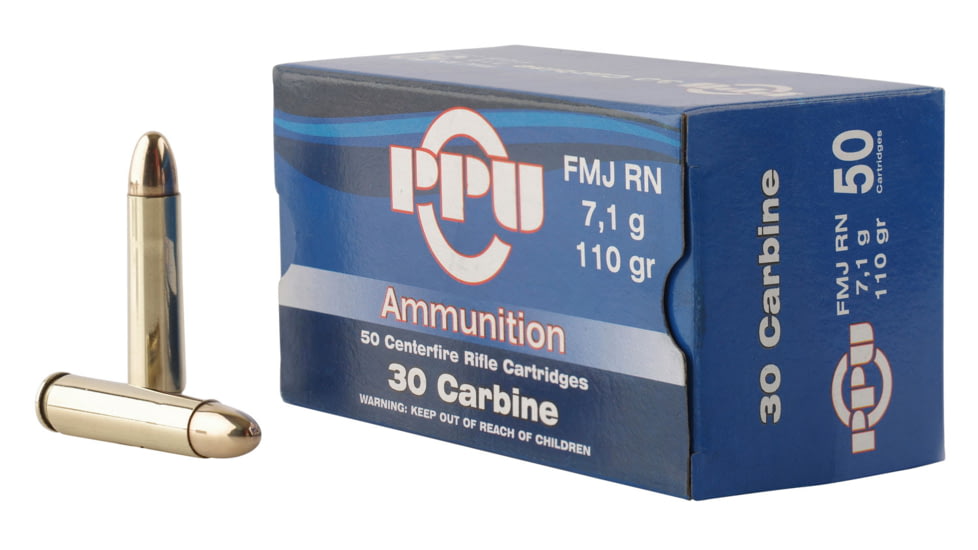 PPU Standard Rifle .30 Carbine 110 Grain Full Metal Jacket Brass Cased Rifle Ammo, 50 Rounds, PP30F