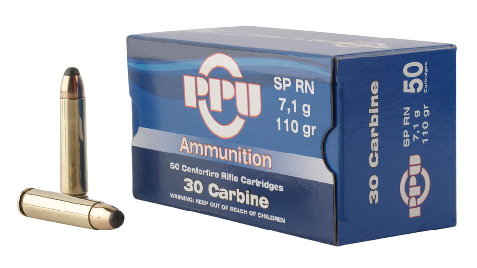 PPU Standard Rifle .30 Carbine 110 Grain Soft Point Brass Cased Rifle Ammo, 50 Rounds, PP30S
