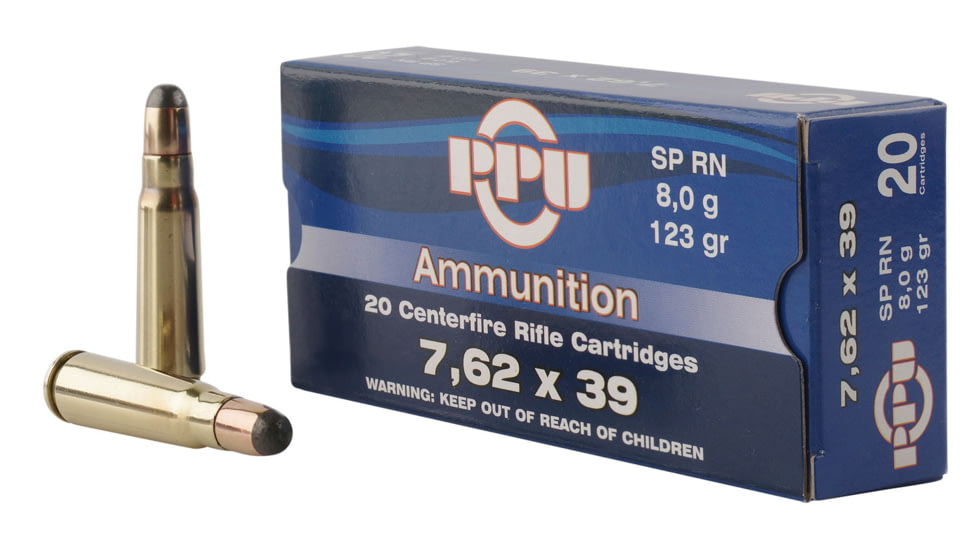 PPU Metric Rifle 7.62x39mm 123 Grain Soft Point Brass Cased Rifle Ammo, 20 Rounds, PP739S