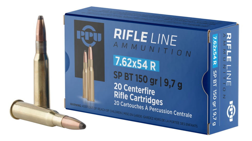 PPU Metric Rifle 7.62x54mm Russian 150 Grain Soft Point Brass Cased Rifle Ammo, 20 Rounds, PP76254S