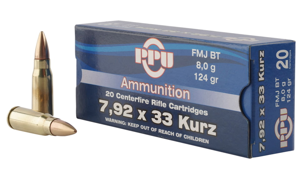 PPU Metric Rifle 7.92x33mm Kurz 124 Grain Full Metal Jacket Brass Cased Rifle Ammo, 20 Rounds, PP7K
